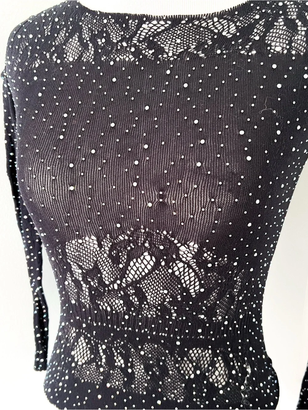 Zara Black Mesh Lace Long Sleeve Top with Rhinestone Accents - M/L